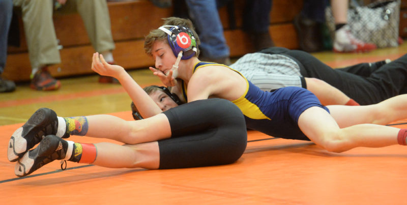 Marshall Sawyer picks up back points on Cole Brann of Gardiner in his first match of the day. Sawyer went on to place second in the Pine Tree championships. (Paula Roberts photo)
