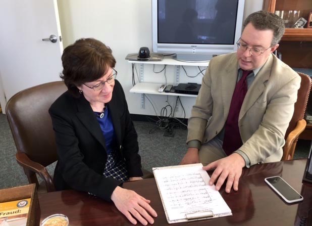 U.S. Sen. Susan Collins meets with Alna composer Aaron Robinson in early April to congratulate him on the upcomming world premiere of "This Will Be Our Reply to Violence." (Photo courtesy Aaron Robinson)