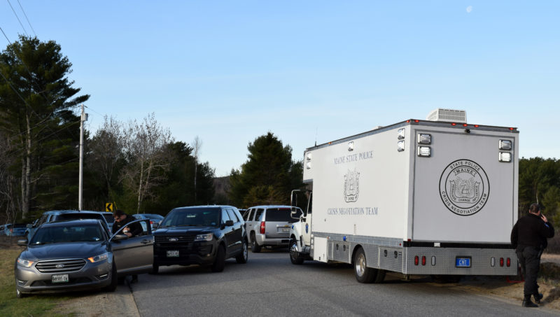 Lincoln County Sheriff's Office and Maine State Police vehicles block Pension Ridge Road in Boothbay the morning of Saturday, April 15. (J.W. Oliver photo)