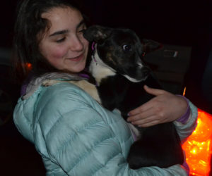 Casey Nelson holds Violet, the puppy her family will foster. The Nelsons, of Damariscotta, volunteer with Underhound Railroad, a nonprofit orgainzation that provides forster homes for dogs rescued from high-kill shelters. (Maia Zewert photo)