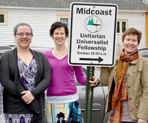 From left: Midcoast Unitarian Universalist Fellowship members Tiffany Vencile, Caity Bogdan, Rev. Erika Hewitt, Courtney Belolan, and Rosie Davis outside their meeting location at the Skidompha Library on Saturday, April 8. (Abigail Adams photo)