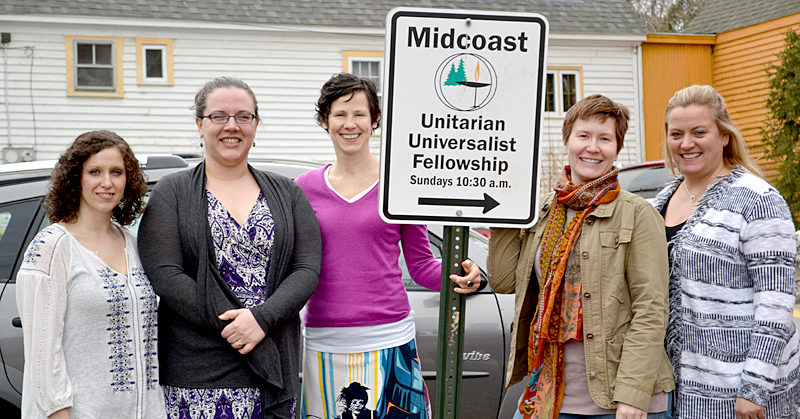 From left: Midcoast Unitarian Universalist Fellowship members Tiffany Vencile, Caity Bogdan, Rev. Erika Hewitt, Courtney Belolan, and Rosie Davis outside their meeting location at the Skidompha Library on Saturday, April 8. (Abigail Adams photo)