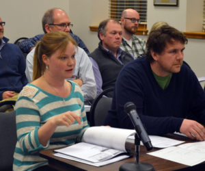 Izzy Nelson and Joe Lane discuss their plans to reopen Joe Lane Lobsterman at 115 Elm St., the former home of the Skidompha Secondhand Book Shop, during the Damariscotta Planning Board meeting Monday, April 3. (Maia Zewert photo)