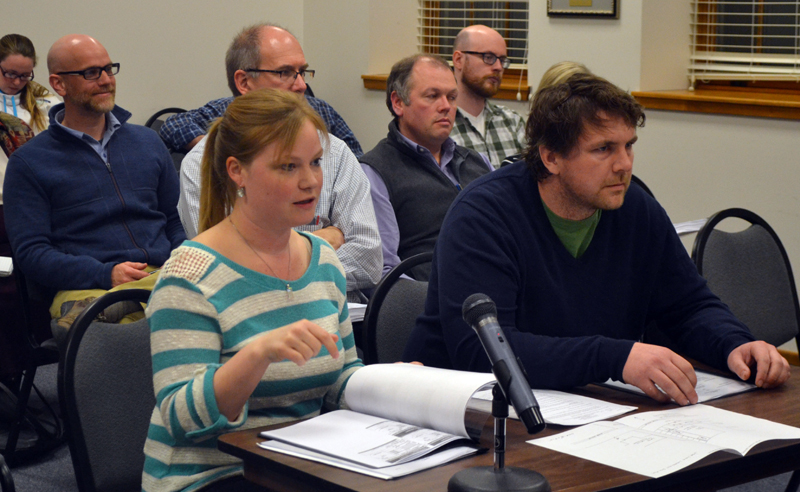 Izzy Nelson and Joe Lane discuss their plans to reopen Joe Lane Lobsterman at 115 Elm St., the former home of the Skidompha Secondhand Book Shop, during the Damariscotta Planning Board meeting Monday, April 3. (Maia Zewert photo)