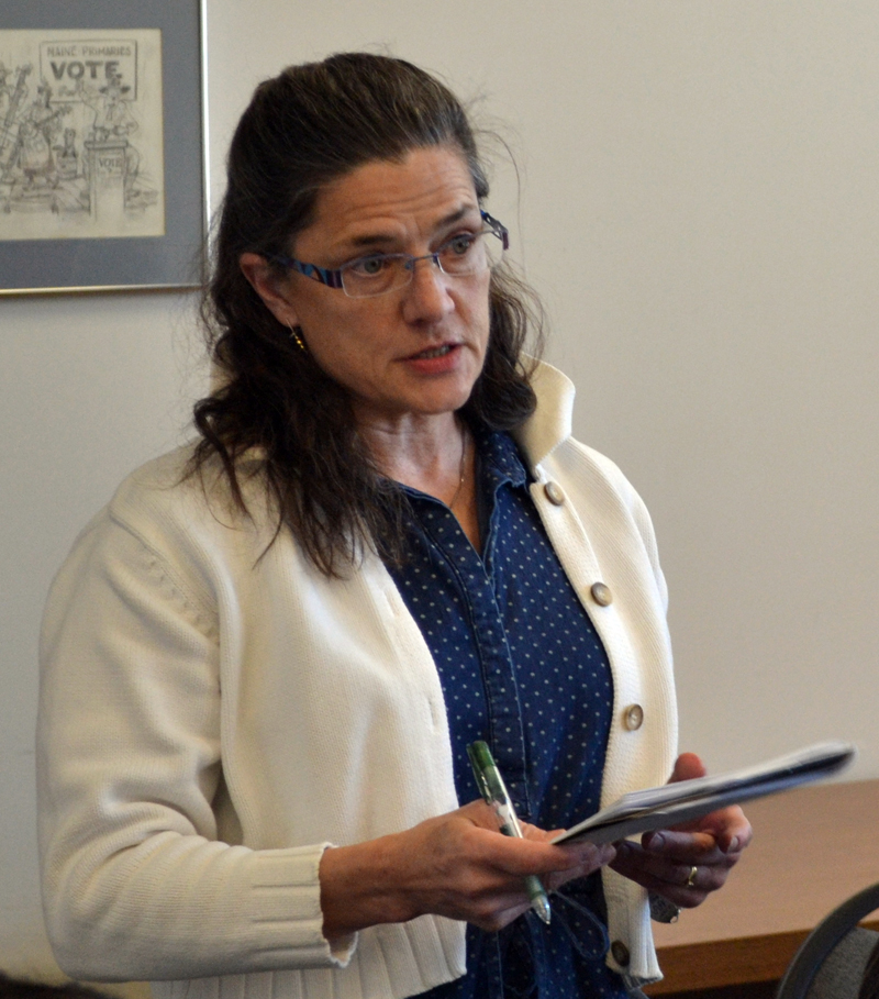 Stepping Stone Housing Inc. Executive Director Marilee Harris speaks during the Damariscotta Board of Appeals meeting Monday, April 24. (Maia Zewert photo)
