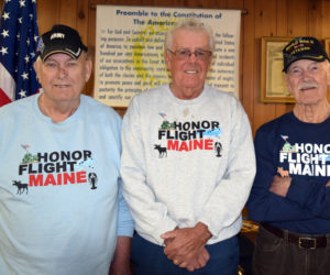 From left: Stanley Wall, Allan Benner, and Ralph Moxcey at the American Legion in Damariscotta on Thursday, April 13. The three local veterans, along with a fourth, Ray Alden, recently participated in an Honor Flight to Washington, D.C. (J.W. Oliver photo)