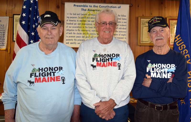 From left: Stanley Wall, Allan Benner, and Ralph Moxcey at the American Legion in Damariscotta on Thursday, April 13. The three local veterans, along with a fourth, Ray Alden, recently participated in an Honor Flight to Washington, D.C. (J.W. Oliver photo)