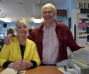 Ellie and John Day behind the counter at Emporium Engraving in Newcastle on Friday, April 14. (J.W. Oliver photo)