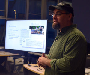 Newcastle Local Planning Committee Co-chair Ben Frey discusses the draft comprehensive plan and land use code during a public forum at Lincoln Academys Cable-Burns Applied Technology and Engineering Center on Tuesday, April 11. (Maia Zewert photo)