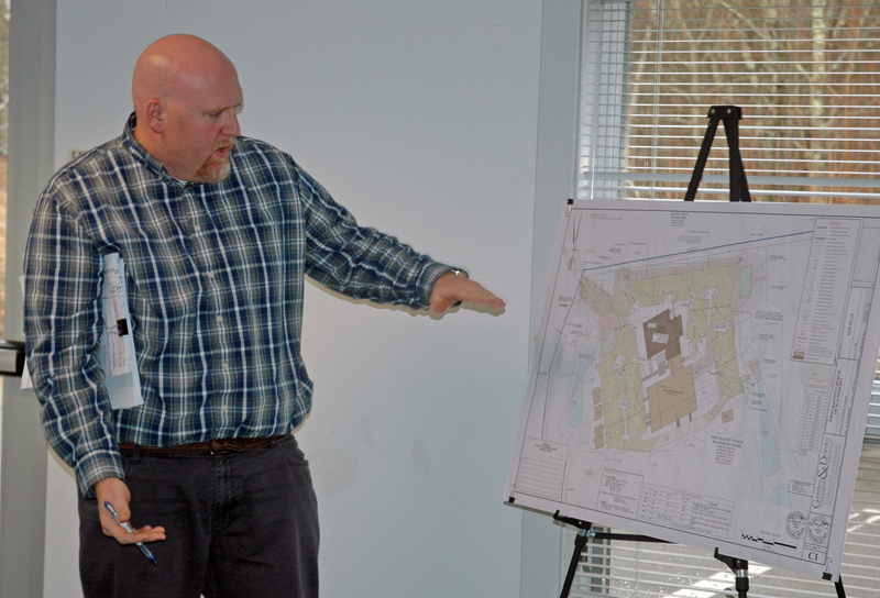 Senior Engineer Andrew Hedrich, of Gartley & Dorsky Engineering & Surveying,  discusses the First Baptist Church of Waldoboro's plans for a new sanctuary. (Alexander Violo photo)