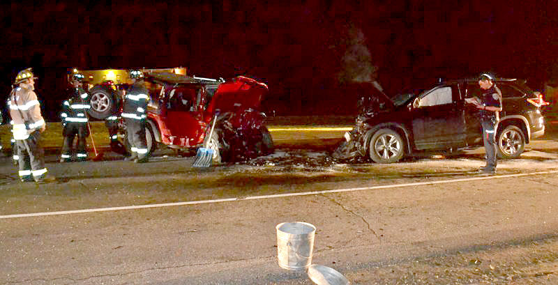 The drivers of both vehicles in a head-on collision on Route 1 in Wiscasset were transported to area hospitals the evening of Thursday, April 20. (Abigail Adams photo)