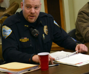 Wiscasset Police Chief Jeffrey Lange talks about his proposal for a community police officer in February. (Abigail Adams photo, LCN file)