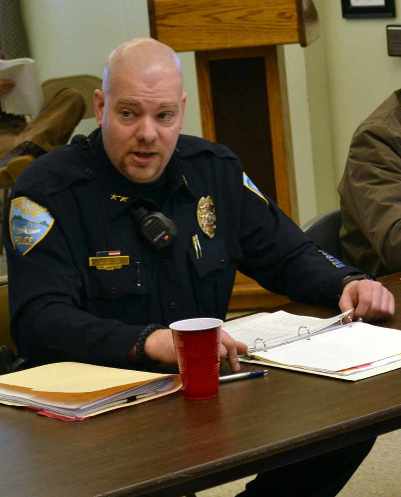 Wiscasset Police Chief Jeffrey Lange talks about his proposal for a community police officer in February. (Abigail Adams photo, LCN file)