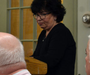 Resident Celeste Edwards speaks to the Wiscasset Board of Selectmen at their Tuesday, April 18 meeting about the "innappropriateness" of the treatment she received from the Wiscasset Historic Preservation Commission. (Abigail Adams photo)