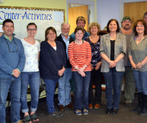 Wiscasset Parks and Recreation staff bid farewell to Director Todd Souza on Friday, April 7. From left: Bob Macdonald, Souza, Ashley Major, Bonnie Blagdon, Denny Hebert, Nori Mcleod, Duane Goude, Doris Gabriele, Joan Bickford, Rob Doody, Lisa Gatti, Kerry Leeman, and Bob Bickford. (Abigail Adams photo)