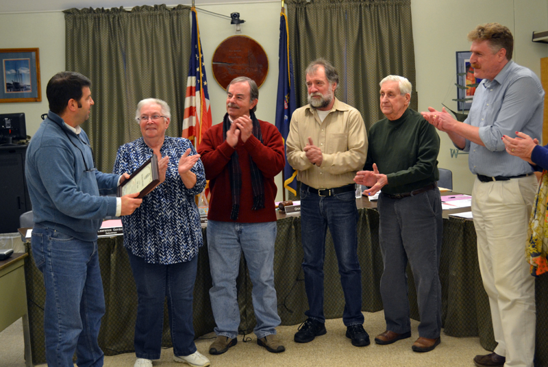 The Wiscasset Board of Selectmen gives outgoing Parks and Recreation Director Todd Souza a round of applause April 4. From left: Souza and Selectmen Judy Colby, David Cherry, Ben Rines, Lawrence Gordon, and Jeff Slack. (Abigail Adams photo)