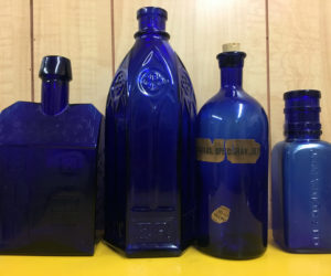 Many people love to collect old cobalt-blue glass bottles, which come in many shapes and sizes.