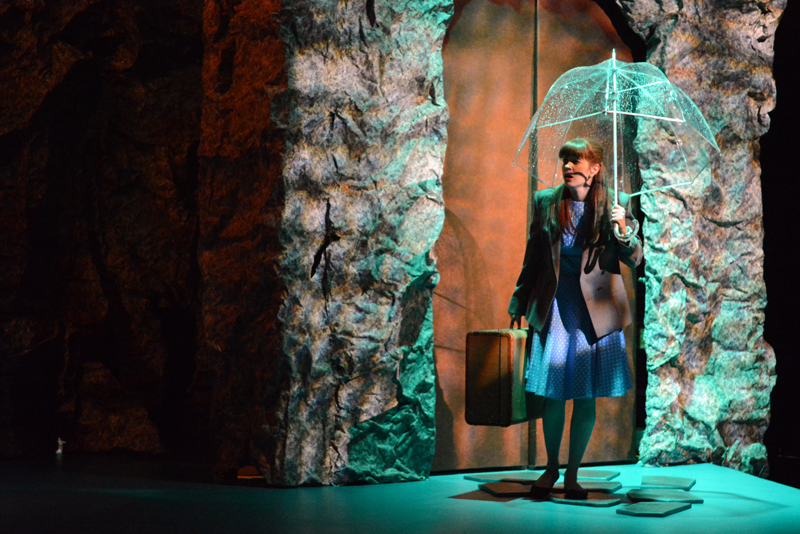 Gina D'Arco, as Eurydice, arrives in the underworld via elevator at an April 24 dress rehearsal of Sarah Ruhl's "Eurydice," presented by Heartwood Regional Theater Company. (Photo courtesy Joy Braley)