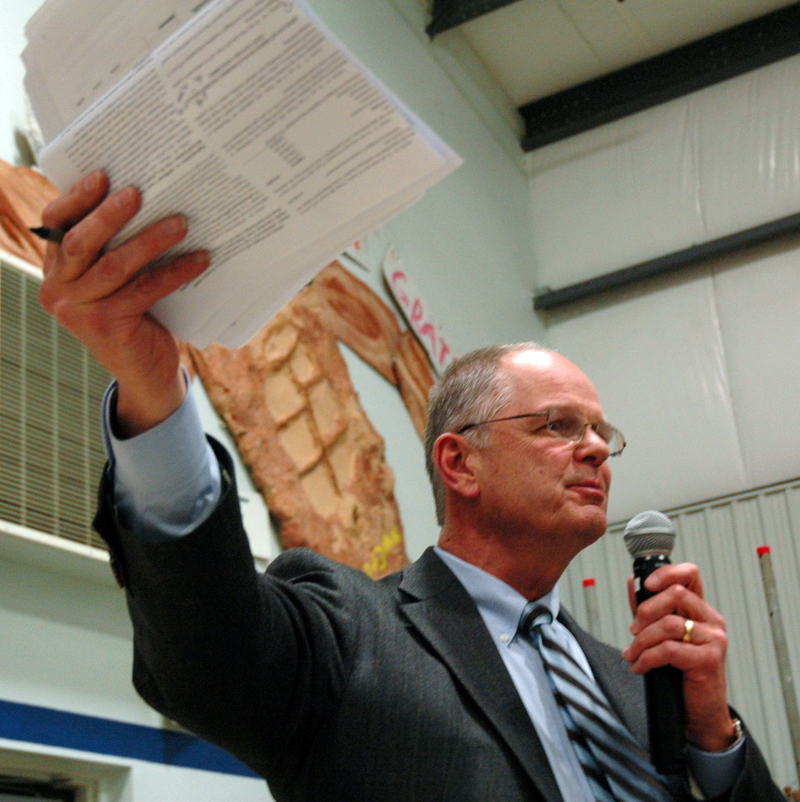 Central Lincoln County School System Superintendent Steve Bailey speaks at South Bristol's annual town meeting March 8, 2016. Bailey will retire at the end of the school year. (Maia Zewert photo, LCN file)