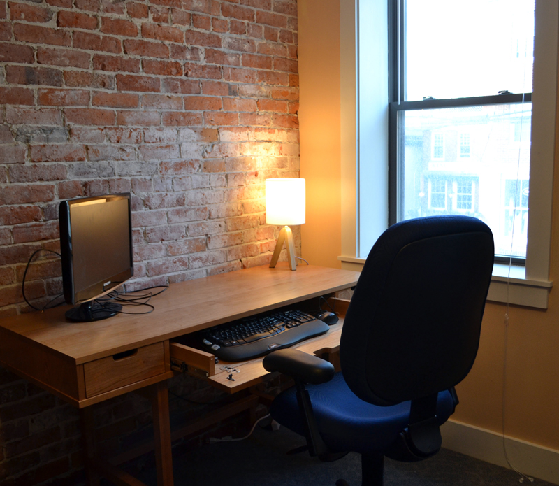 One of the four new desk spaces available for use at Buzz Maine in downtown Damariscotta. (Maia Zewert photo)