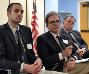 From left: J.W. Oliver, editor of The Lincoln County News; Greg Kesich, editorial page editor for the Portland Press Herald; and Don Carrigan, of WCSH 6, participate in a community conversation about fake news at Mobius Inc. headquarters in Damariscotta on Wednesday, May 24. (Maia Zewert photo)