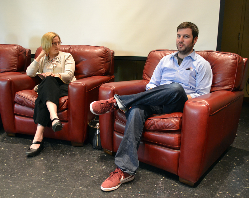 Jennifer Villeneuve, of Gallagher, Villeneuve and DeGeer PLLC, looks on as Riverside Butcher Co. owner August Avantaggio answers a question during Skidompha Library's Chats with Champions program Tuesday, May 23. (Maia Zewert photo)