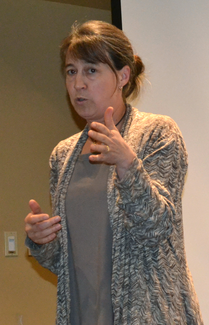 Jenny Mayher, of Our Town Damariscotta, speaks during a community conversation about recent commercial developments in Damariscotta on Wednesday, May 3. (Maia Zewert photo)