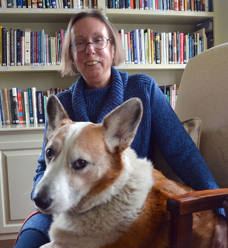 Marianne Pinkham and her grand corgi, Rocket. After 12 years as the director of Spectrum Generations Coastal Community Center in Damariscotta, Pinkham "graduated" March 10. (Maia Zewert photo)