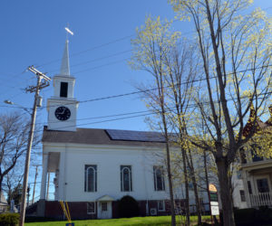 The Damariscotta Baptist Church recently completed the installation of 56 solar panels on the south side of the church roof, facing Bristol Road. (Maia Zewert photo)