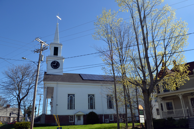 The Damariscotta Baptist Church recently completed the installation of 56 solar panels on the south side of the church roof, facing Bristol Road. (Maia Zewert photo)