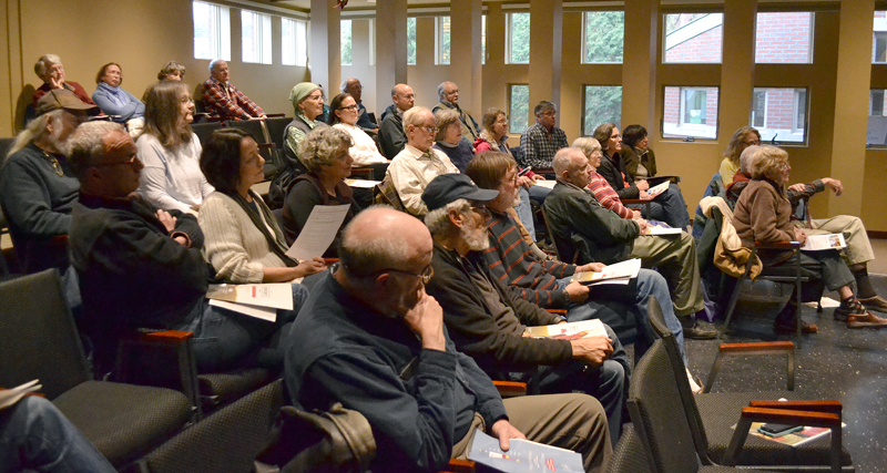 Area residents attend a town hall-style forum in the Porter Meeting Hall at Skidompha Library the evening of Thursday, May 4 to hear from members of Democratic leadership about the party's alternative to Gov. Paul LePage's biennial budget proposal. (Maia Zewert photo)