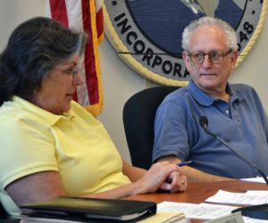 Damariscotta Board of Selectmen Chair Robin Mayer talks about the town's ordinances during the board's Wednesday, May 17 meeting as Selectman Ronn Orenstein looks on. (Maia Zewert photo)