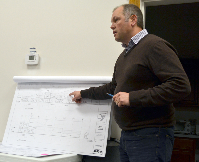 Tor Glendinning, principal architect at 44 Degrees North LLC, of Newcastle, discusses the CLC YMCA's plans for an 8,225-square-foot addition during the Damariscotta Planning Board's Monday, May 3 meeting. (Maia Zewert photo)