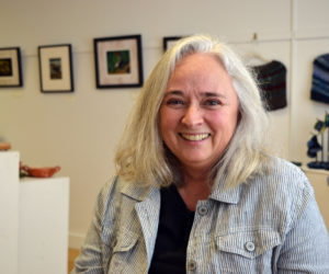 Pemaquid artist Alice de Mauriac sits in the West Gallery of River Arts in Damariscotta. (Christine LaPado-Breglia photo)