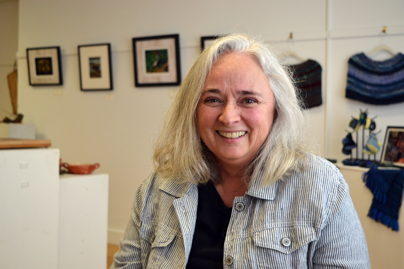 Pemaquid artist Alice de Mauriac sits in the West Gallery of River Arts in Damariscotta. (Christine LaPado-Breglia photo)