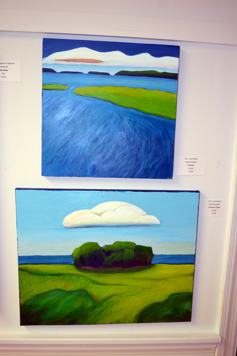 Cape Elizabeth painter Gail Pfeifle's "Currents" (top) and "Summer Cloud" hang in the main gallery of River Arts. (Christine LaPado-Breglia photo)