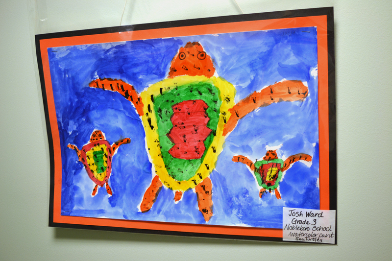 Nobleboro Central School third-grader Josh Ward's watercolor painting of sea turtles is one of the many colorful pieces of artwork by local schoolkids on display  through Friday, May 19 at The Lincoln Home, 22 River Road, Newcastle. Go see the show before it's gone! (Christine LaPado-Breglia photo)