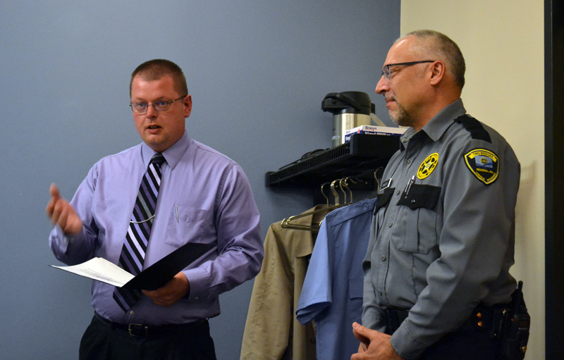 Capt. James Bailey, acting administrator of Two Bridges Regional Jail, names Correctional Officer Derek Maroon the Officer of the Month for April during the Lincoln and Sagadahoc Multicounty Jail Authority Board of Directors meeting Wednesday, May 10. (Abigail Adams photo)