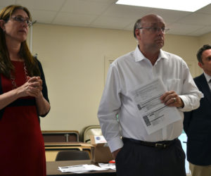 From left: state Rep. Deb Sanderson, R-Chelsea, state Sen. Dana Dow, R-Waldoboro, and Mike Quatrano, director of civic engagement with the Maine Heritage Policy Centerm encourage grass-roots activism in the legislative process during a Lincoln County Republican Committee meeting in Newcastle on Wednesday, May 24. (Abigail Adams photo)