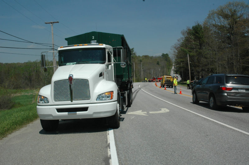 A motorcycle crossed the centerline of Route 1 and struck this Kenworth truck the afternoon of Thursday, May 18. (Alexander Violo photo)