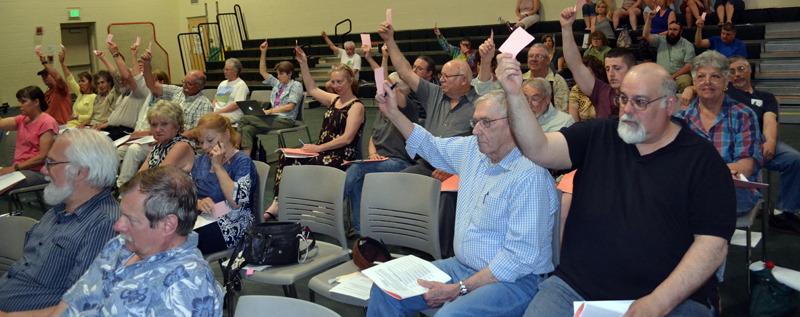 RSU 12 voters reject a motion to amend the regular education budget during RSU 12's annual budget meeting at the Chelsea Elementary School on Thursday, May 18. (Abigail Adams photo)