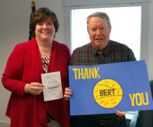 Waldoboro employees and officials recently welcomed Town Manager Julie Keizer and threw a goodbye party for interim Town Manager Bert Kendall. (Photo courtesy Liam Ducharme)