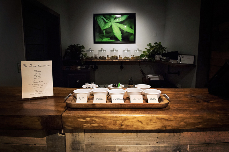 A display at the Herban Cannoisseur features products with names like Big Foot, Lost Soul, and Mob Boss. The medical marijuana caregiver storefront shares a building with Highbrow Maine at 21 Winslows Mills in Waldoboro, but is a separate company with a separate entrance. (Photo courtesy Noah Rosen)