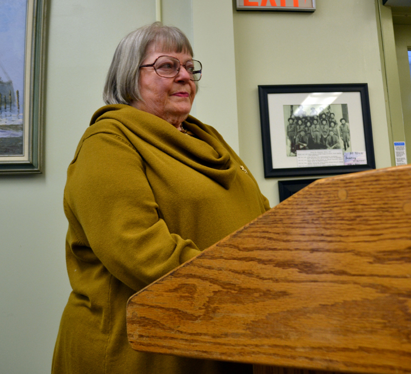 Wiscasset Historic Preservation Commissioner Susan Blagden asks for clarification about a Wiscasset Board of Selectmen motion to start the process necessary to repeal the historic preservation ordinance Tuesday, May 2. (Abigail Adams photo)