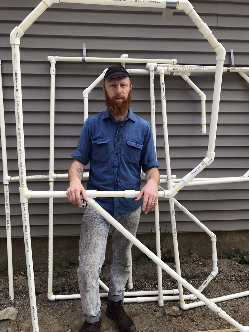 Wiscasset artist Nick Dalton stands with sections of his public-art piece "Hesper" several days before its installation at the Recreational Pier in Wiscasset, near QT's Ice Cream Parlor. (Photo courtesy Nick Dalton)