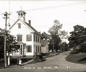 A postcard depicting School Street, East Boothbay, on display at the "Lincoln County Through Eastern's Eye" exhibit at Boothbay Railway Village.