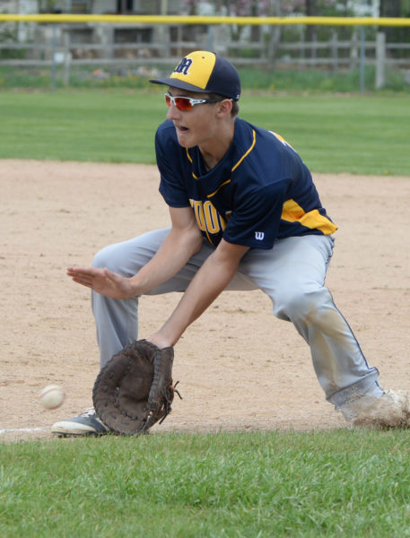 Medomak first baseman Gabe Allaire scoops up a ground ball.  (Paula Roberts photo)