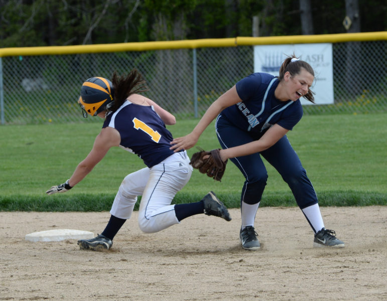 Addie Jameson collides with Casey Pine as she steals second base for the Panthers.  (Paula Roberts photo)
