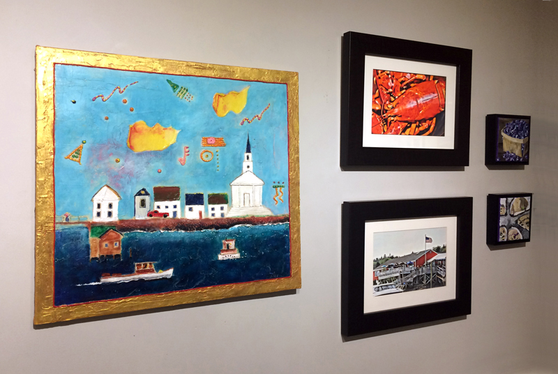 A Taste of Pemaquid has an eclectic collection of art to delight visitors. One corner of the show features the work of (clockwise from left) Dale Dapkins, Judy Bernier, and DiTa Ondek.