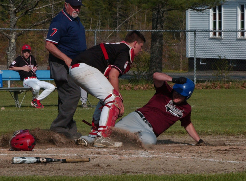 Wiscasset catcher Conlon Ranta tags out Richmond trying to spoil the shutout. (Carrie Reynolds photo)